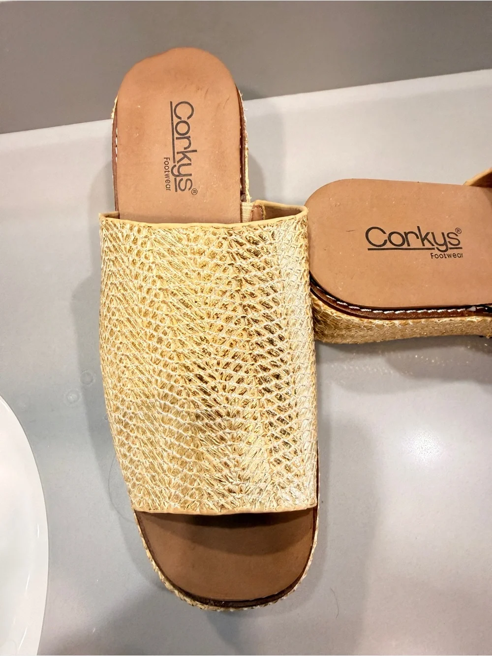 Corkys gold Woven Platform Wedge Mules